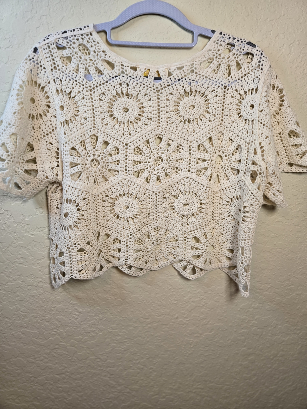 Crochet Medallion Short Sleeve Crop Top - Cream - Picture 2 of 9